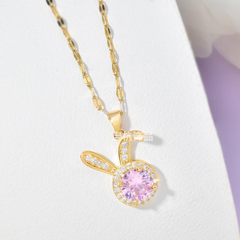 

Ожерелье с розовым циркониевым кроликом, женское, легкое, роскошное, простое, универсальное, симпатичное, с микро-инкрустацией