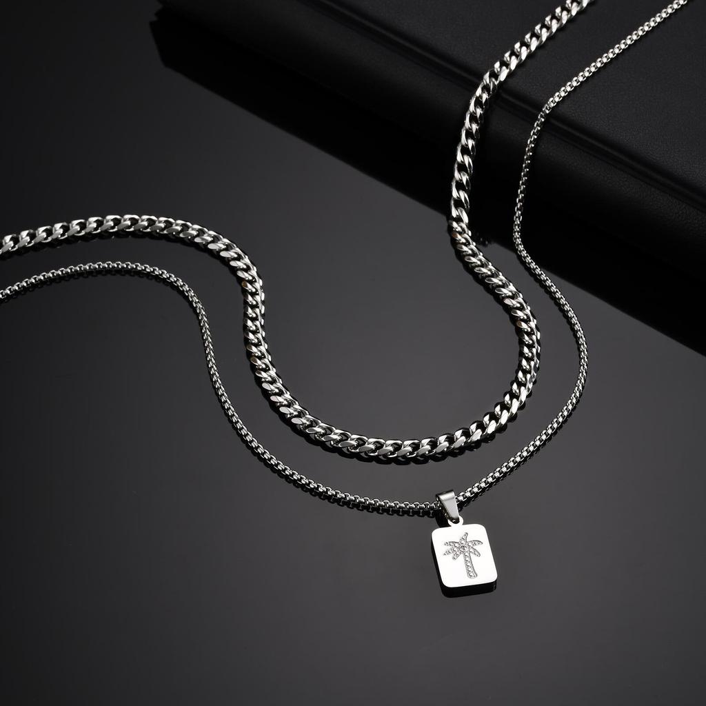 Stilvolle Herren-Mehrlagenkette, Wasserdichte Quadratische Metallkette aus Edelstahl mit Mini-Zirkonia, Hip-Hop Gestapelter Kragen Geschenk