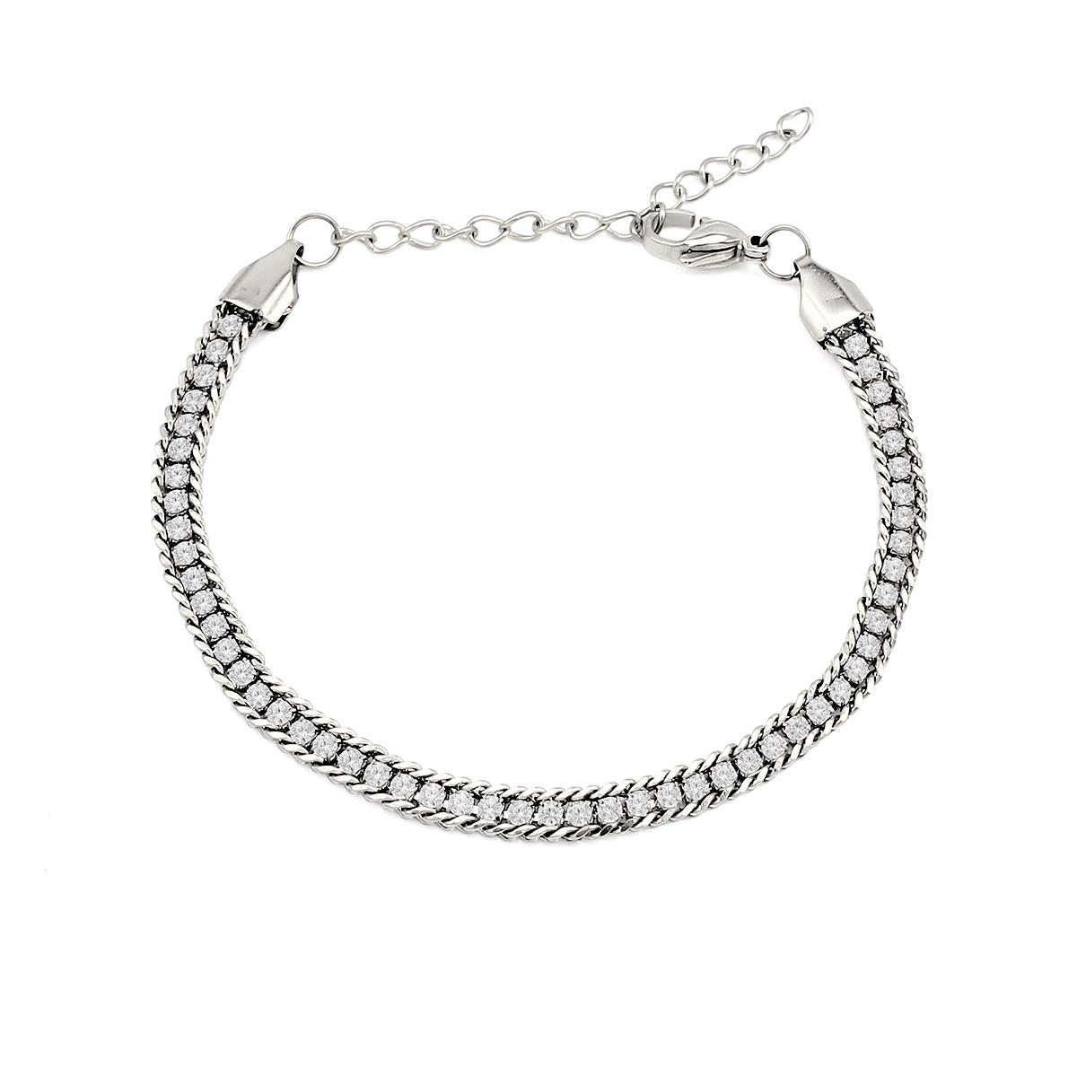

Luxury Double Layer Cubic Zirconia Bracelet Stainless Steel Wheat Choker for Girls Fashionable Zircon Bangles