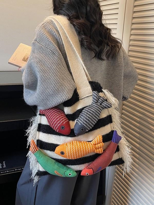 Cotton Knitted Tote Bag For Women With Large Capacity And Casual Travel Style