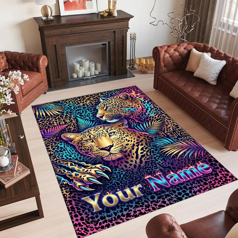 Leopard Theme Crystal Velvet Floor Rug Personalized Custom Name Text Warm Carpet Home Decoration