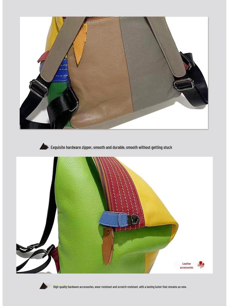 European & American Style Women's Colorful Patchwork Leather Anti-theft Backpack with Double Straps and Lock Buckle