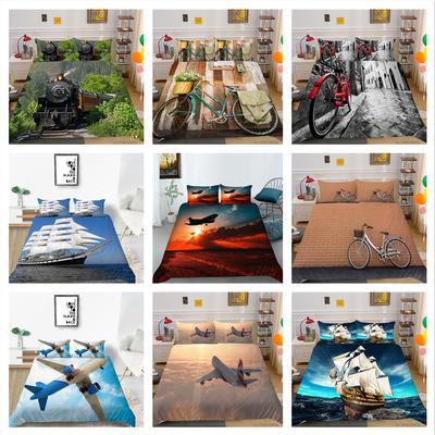 3D-Deluxe-Bettwäsche-Set, Bettbezug und Kissenbezug mit Fahrzeugmuster, 2 oder 3 Teile von Schiff oder Fahrrad, bedruckt, waschbare und bequeme Bettwäsche in voller Größe