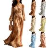 Women's Off Shoulder Tie Print Long Sleeve Fitted Casual Midi Dress