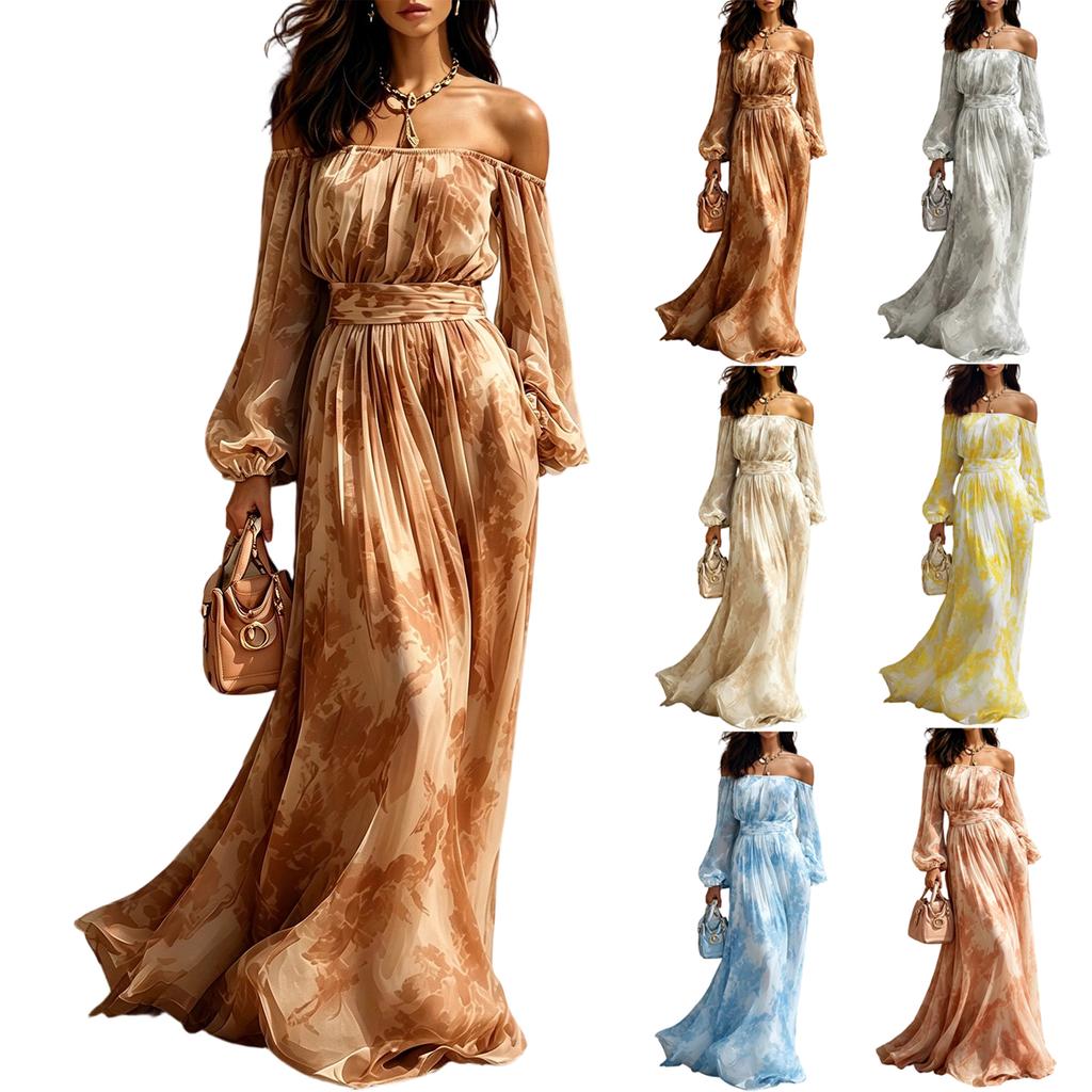 Women's Off Shoulder Tie Print Long Sleeve Fitted Casual Midi Dress