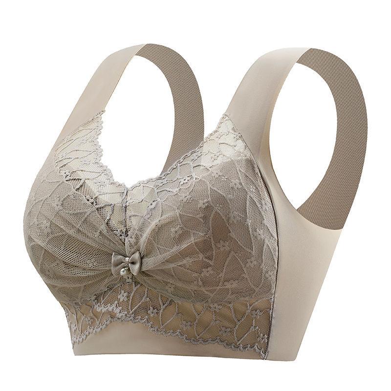Beige Floral Lace Wireless Bra Comfortable Lift Up Anti-Sagging Bralette with Wide Straps