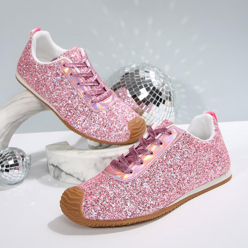 Large size flat-bottomed casual sports shoes women's new European and American sequined lace-up shoes