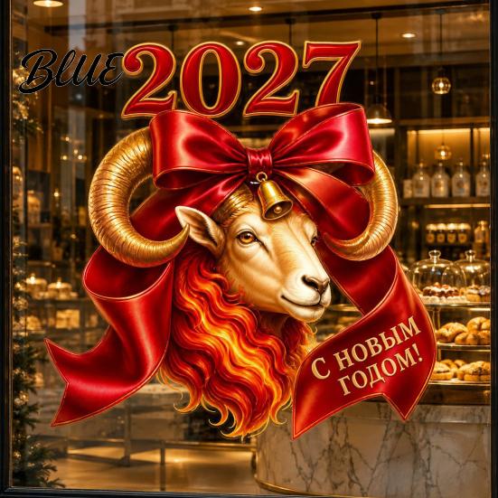 Decorative Wall Stickers 2027 Year of Goat Window Cling, Static Decal with Red Bow, Chinese Easy Apply Art New Glass Sticker, Reusable PVC Decor