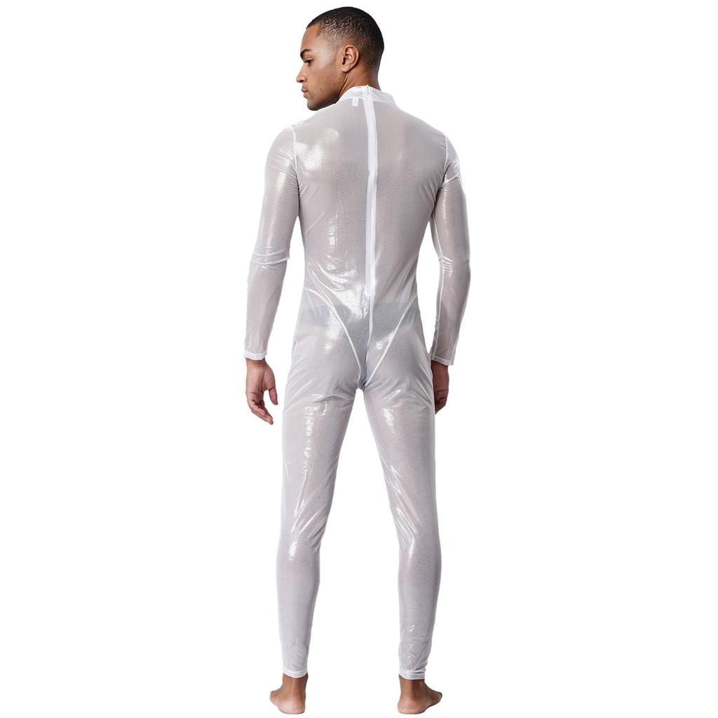 Tuta Holografica Trasparente da Uomo Manica Lunga Full Body Zip Posteriore Catsuit Clubwear