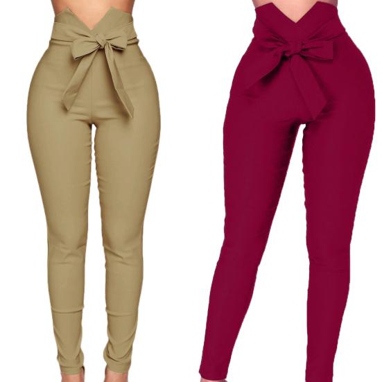 Schicke Dame Einfarbig Hohe Taille Schleifengürtel Elastisch Slim Fit Bleistifthose Hose