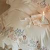 Natural Cotton Linen Vintage French Flowers Embroidery Luxury Bedding Set Duvet Cover Flat/Fitted Bed Sheet Pillowcases 4Pcs