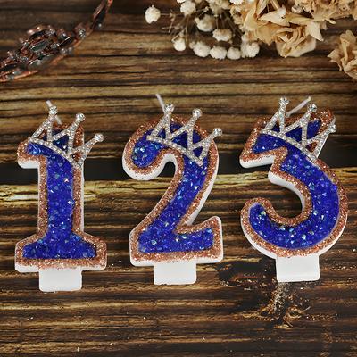 Vela de Aniversário Azul Coroa Número 0-9 Vela com Lantejoulas Velas de Bolo Cupcake Decoração de Festa para Suprimentos de Celebrações de Aniversário