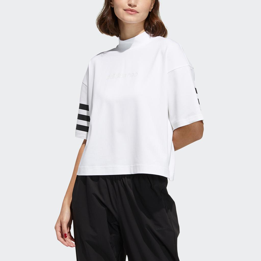 Adidas Neo W Cs Mar Tee Striped Sports Half High Neck Short Sleeve Drop Shoulder T-Shirt Women Tops White GP5469