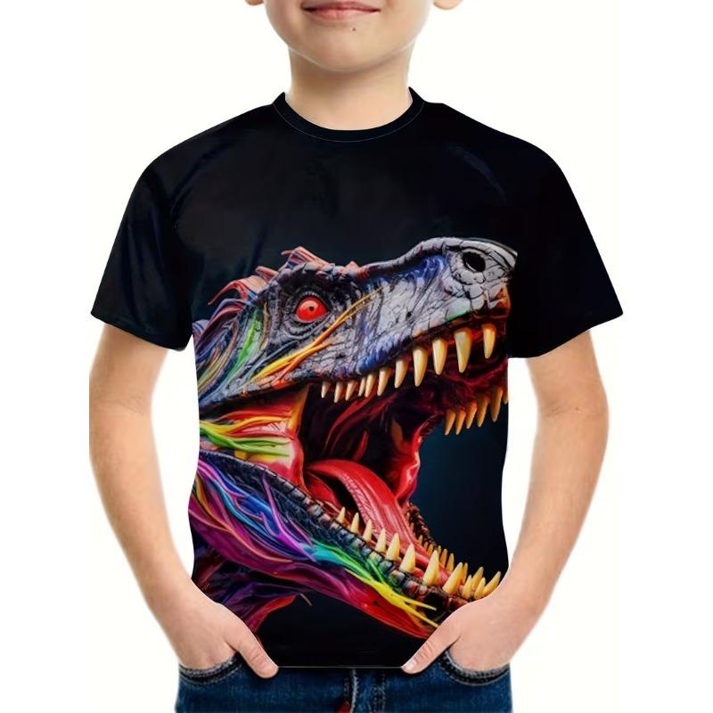 T-shirt z drukiem dinozaura 3D Realistyczny T-Rex Grafika Okrągły dekolt Krótki rękaw Casualowy letni top Oddychający Męskie ubrania
