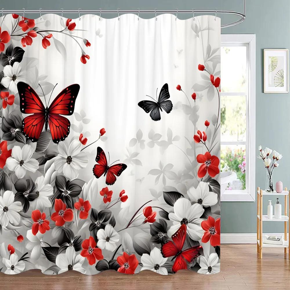 Beautiful Floral And Butterfly Print Shower Curtain Natural Botanical Floral Home Art Shower Curtains Bathroom Decor With Hooks