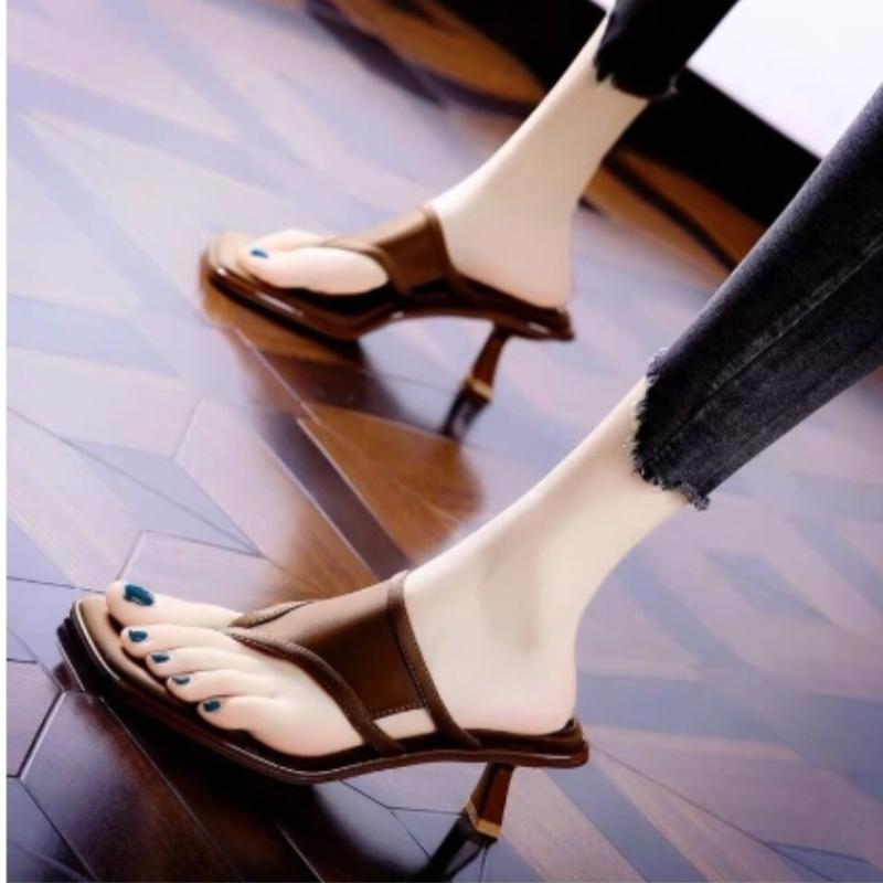

High Heels Women Square Toe Slippers Clip Toe Sandals Sexy Party Shoes Trend Woman Flip Flops 2025 New Summer Brand Pumps Mujer 35 темно-коричневого кольору