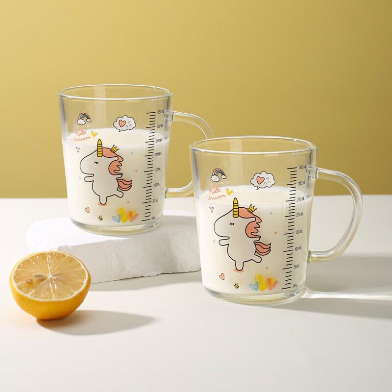 ZISIZ Kids Glass Milk Cup with Handle and Scale