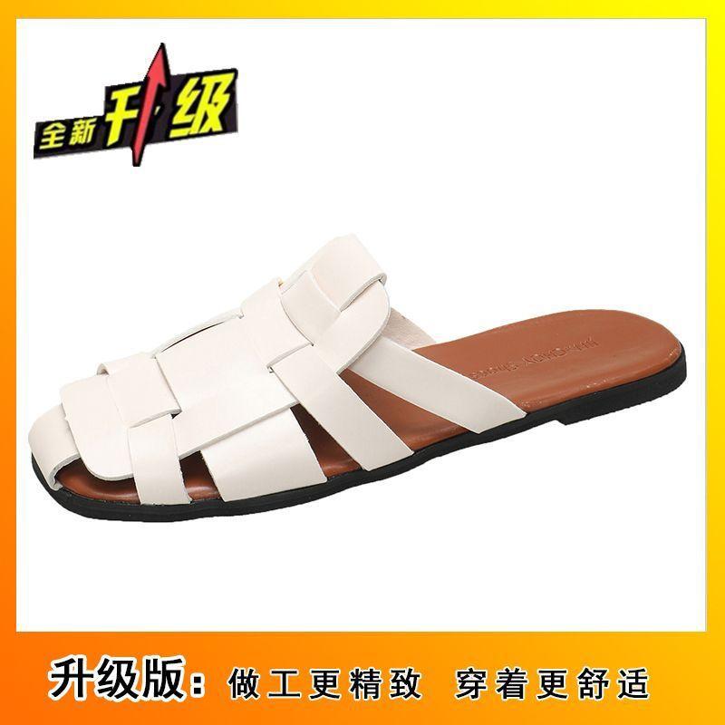 Internet Celebrity Flat Bottom Retro Woven Seaside Beach Baotou Half Drag Ins Tide 2025 New Slippers Women's Summer Wear