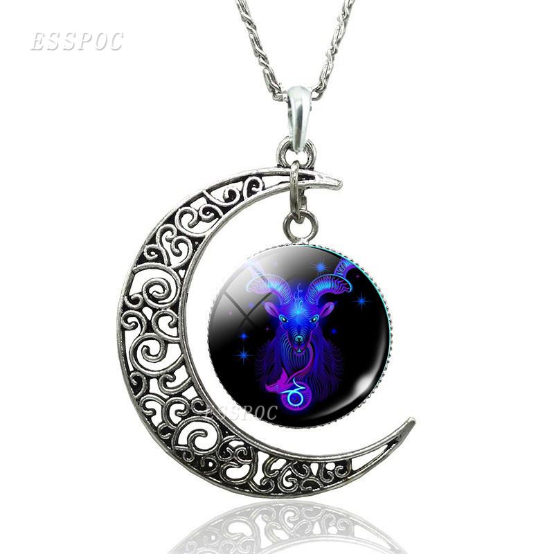 12 Constellation Necklace Zodiac Signs Cabochon Glass Crescent Moon Pendant Clavicle Chain Necklace Birthday Gifts for Women