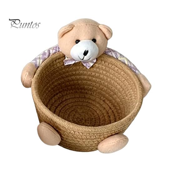 Gentle Color Storage Basket Desktop Basket, Cartoon Plush Bear And Rabbit Rope Decorative Plaid Bow Organizer Shape, Woven for Small Items Jewelry