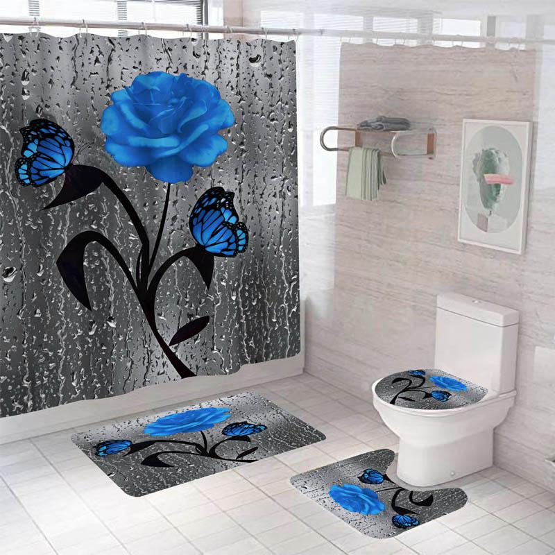 3D Rose Flower Shower Curtain Set Non-Slip Rugs Bath Mat Toilet Lid Cover and 12 Hooks Waterproof Polyester Bathroom Decor