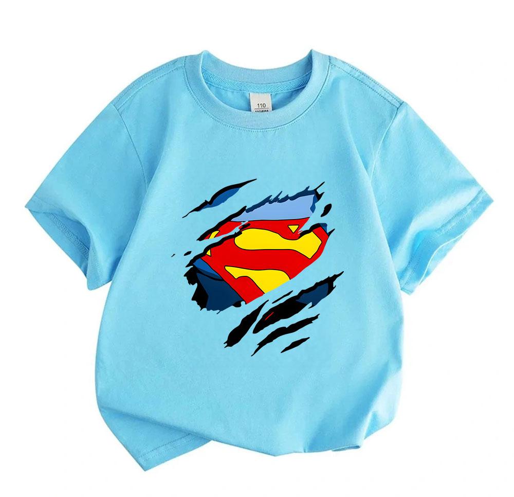 Kids Boys Girls Crew Neck Short Sleeve 100% Cotton T-Shirt, Cool Ripped Torn Effect Hero Chest Pattern Casual Soft Breathable Tees for Daily Summer We