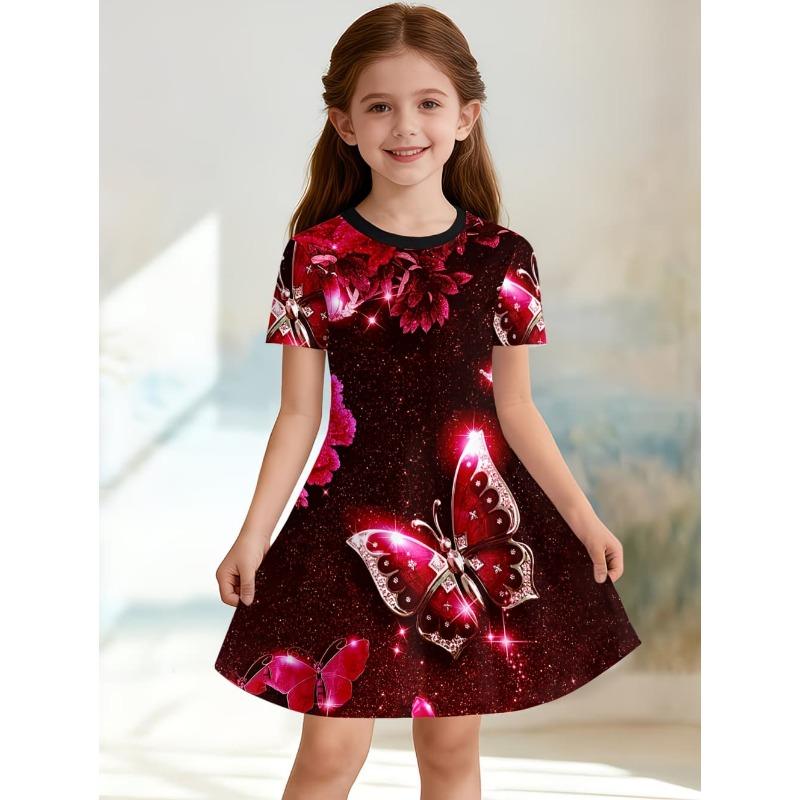 Girls' Summer Fashion Short-Sleeve Dress, 3D Cute Capybara Animal Print Casual Dress, Gift for Children,