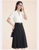 Women's Professional Short Sleeve V-Neck Satin Blouse - Iron-Free, Wrinkle-Resistant, Blue.