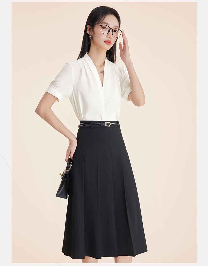 Women's Professional Short Sleeve V-Neck Satin Blouse - Iron-Free, Wrinkle-Resistant, Blue.