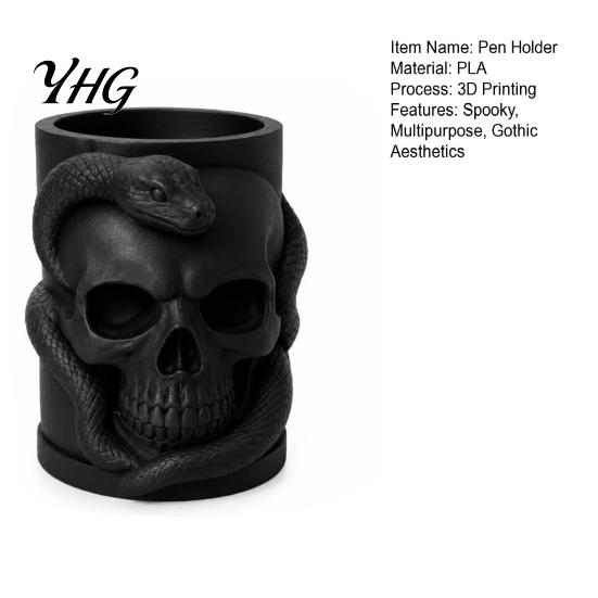 3D Printed Ornament Skull & Snake Pen Holder, Gothic Pencil Collectible Figurine Desk Organizer for Makeup Brush Stationery Storage, Halloween