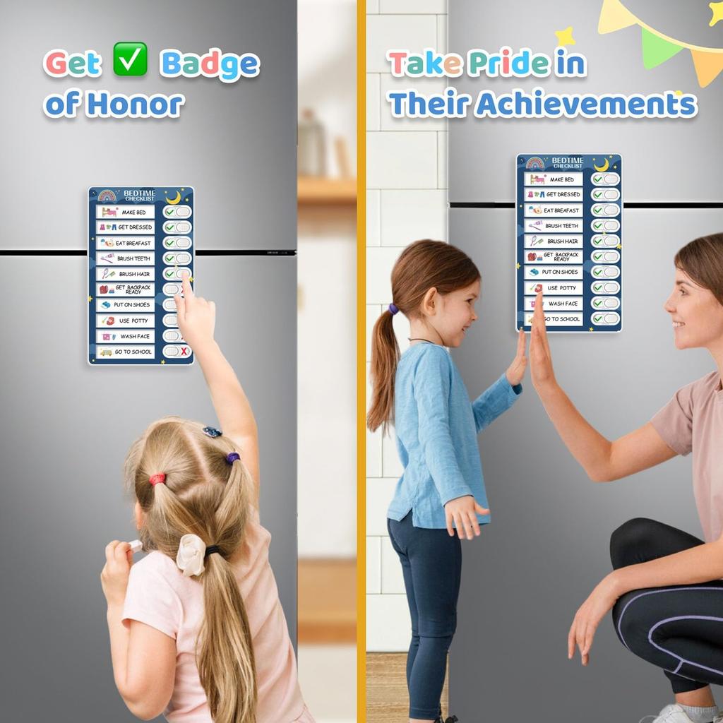 2 in 1 Bedtime/Morning Routine Chart for Kids Toddlers, Magnetic Chore Chart for Kids, Cute Visual Schedule for Kids Schedule Board for Home, Kids