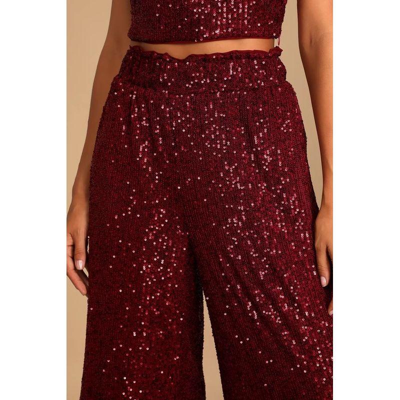 

Экспортный Lu Home Блестящие Брюки с высокой талией, стройнящие, элегантные, для сцены, вечеринки, для взрослых леди, сексуальные, высокие, с пайетками, нишевый стиль, широкие штанины Wine red pants L