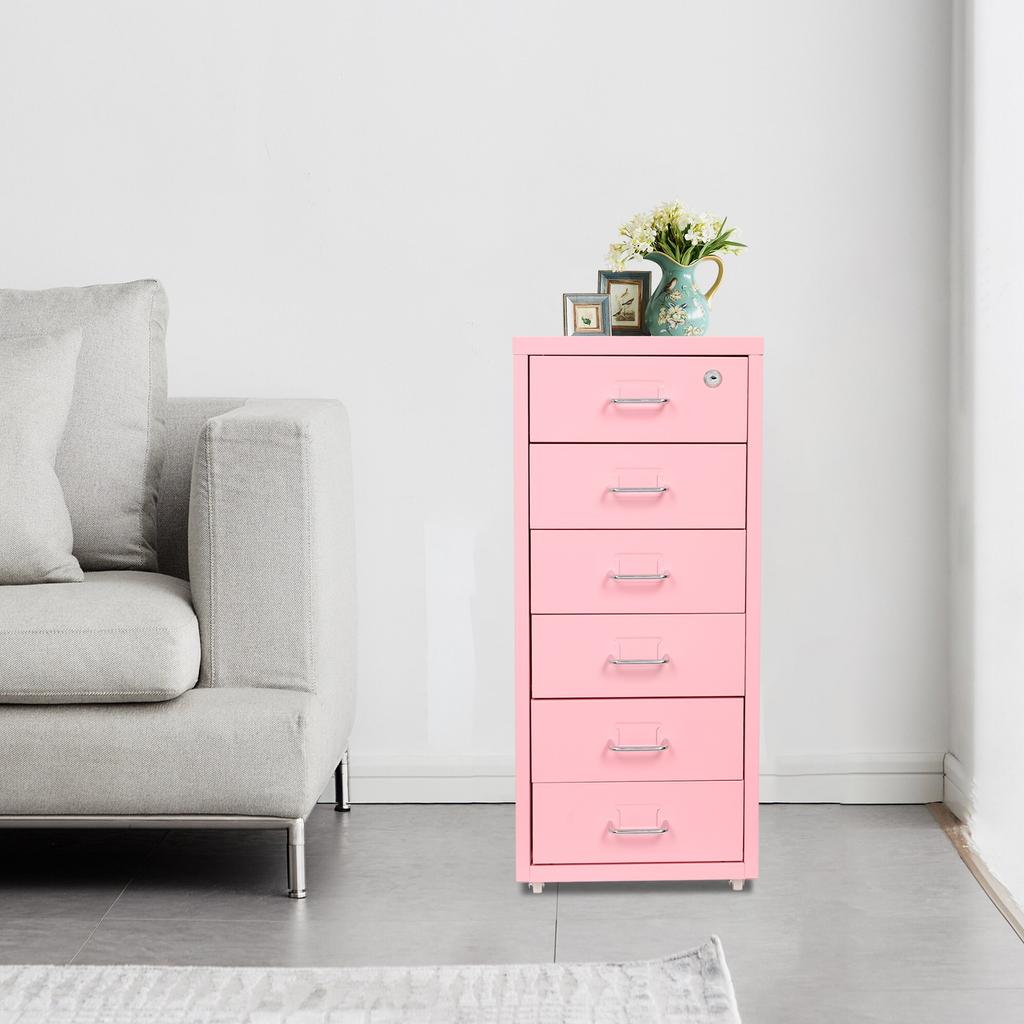 Vertical File Cabinet with 6 Tiers, 2 Keys, Lockable Metal Storage Organizer on Wheels, Pink Furniture for Document Organization