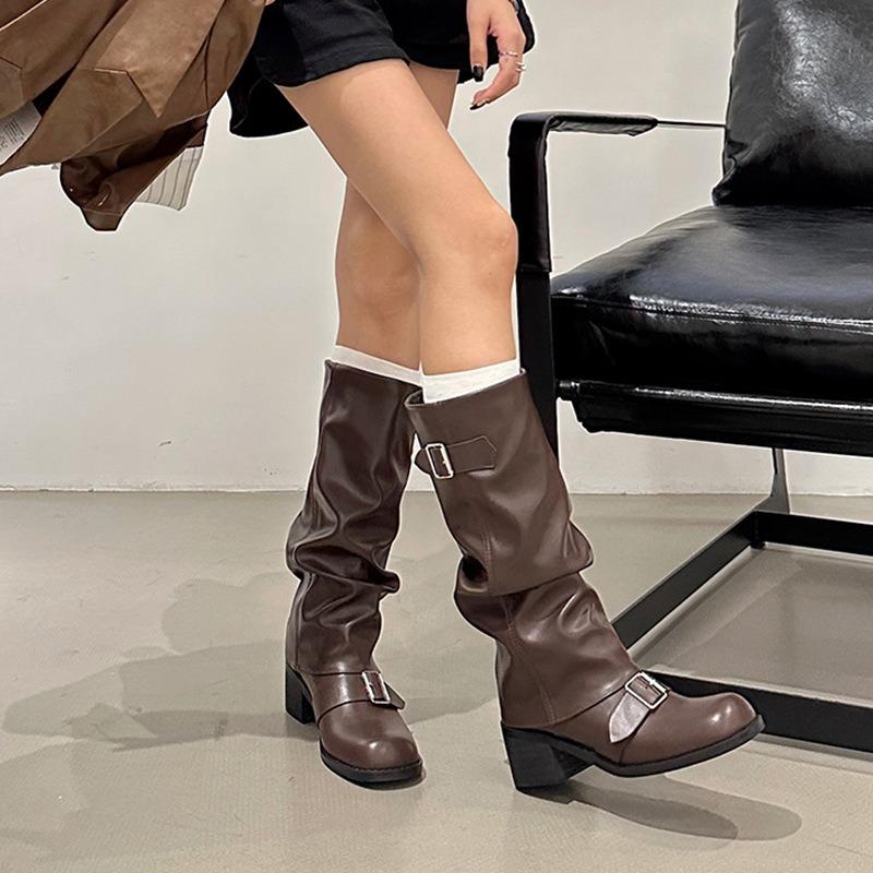 2025Woman Boots Knee High Platform Chunky Heels Trend Punk Gothic New Rock Leather Women's Shoes Motorcycle Footwear