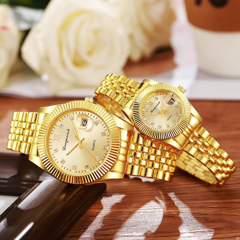 Paar Uhr Herren Gold Business Retro Temperament Paar Herren Stahlband Legierung Vielseitig Mode Quarz Uhr