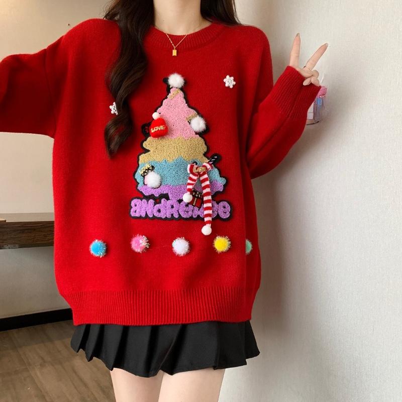 

Women Christmas Tree Jacquard Sweater Lazy Style Loose Solid Color Knitted Shirt Winter Fashion Lady Round Neck Sweaters One Size красный