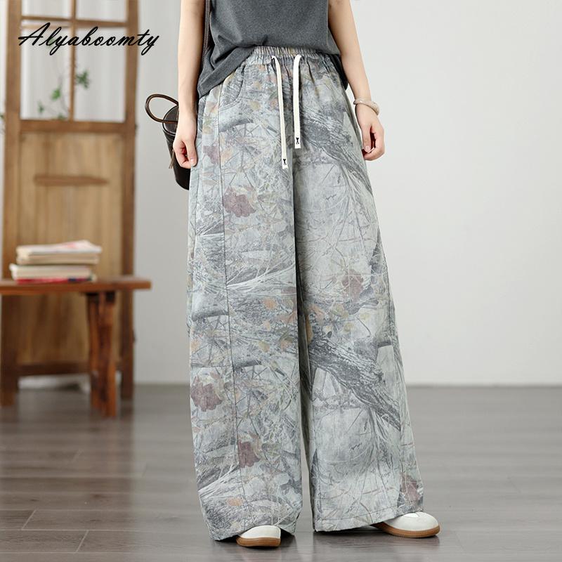 2026 Plus Size Spring Autumn Women Streetwear Jeans High Waist Drawstring Abstract Printed Denim Pants Stylish Fashion Ladies' Wide Leg Jeans