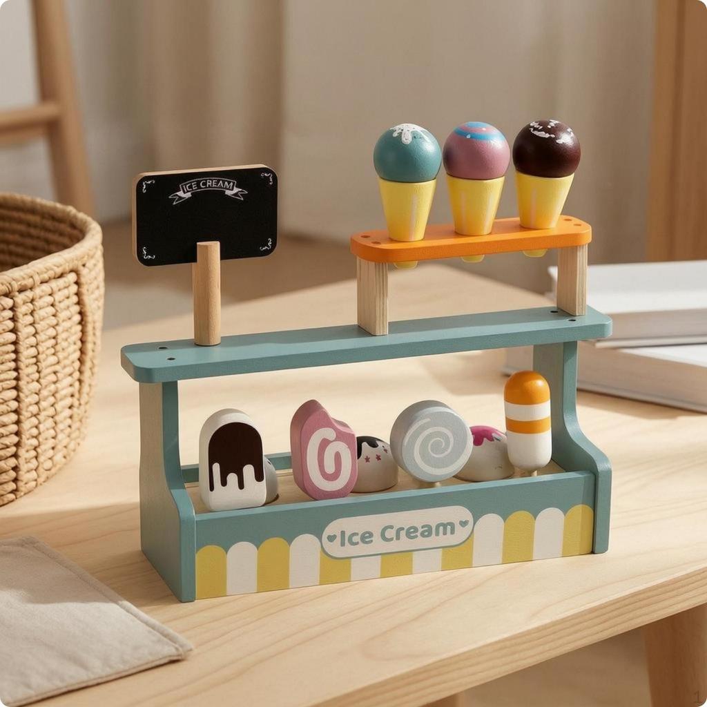 Eisdiele Spielzeugset Holzständer Spielset Frühes Lernen Rollenspiel Dessert für