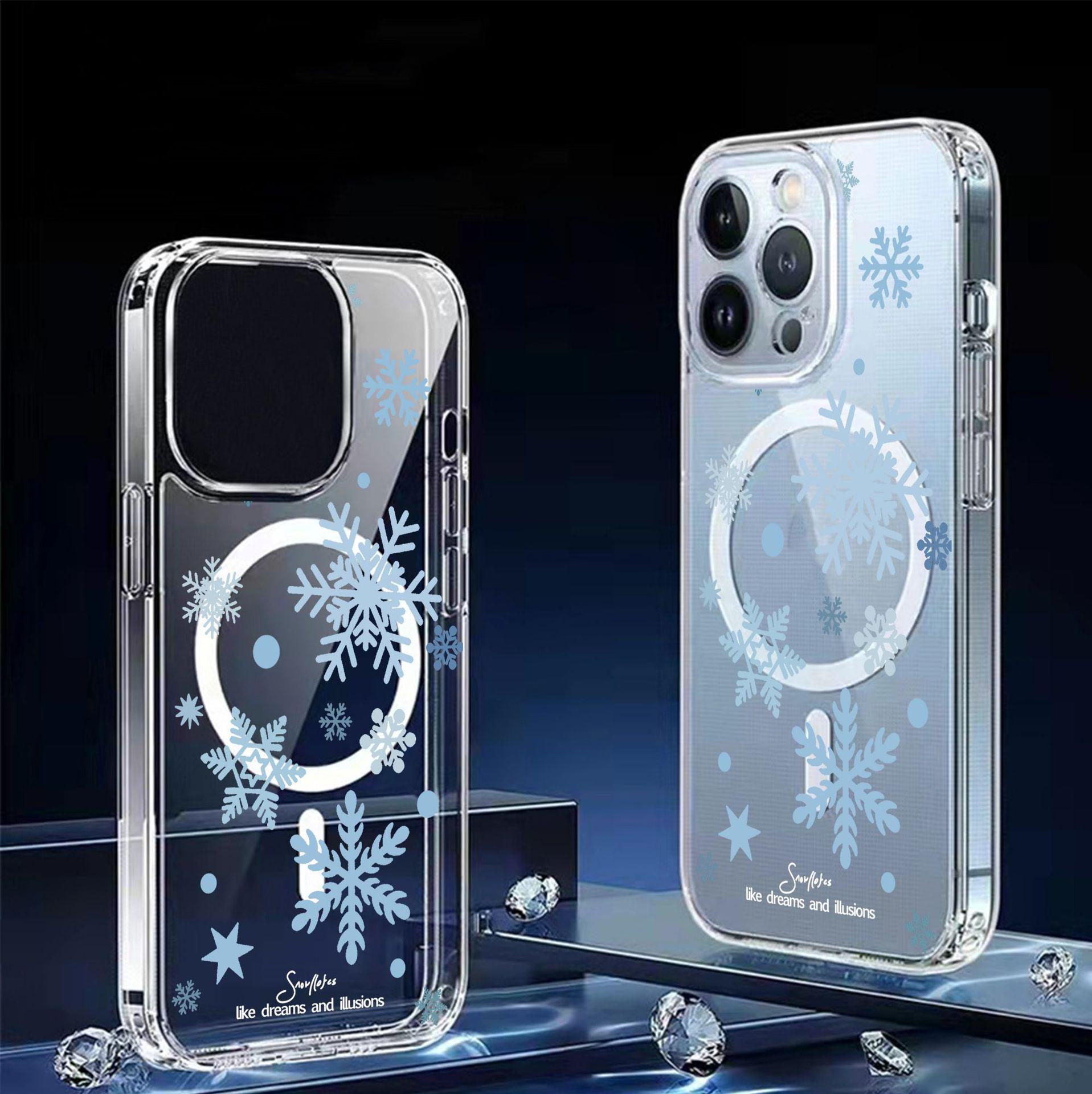 Blue Snowflake Magnetic Transparent Case for iPhone 15/16/17 Pro Max - Full Coverage Protection iPhone 15 Pro Max