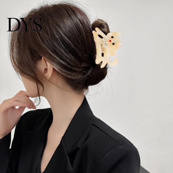 Hair Clip Women Claw Cat Shape Shiny Rhinestones Inlaid Plastic Anti-slip Teeth Back Head Shark Clamp Accessory