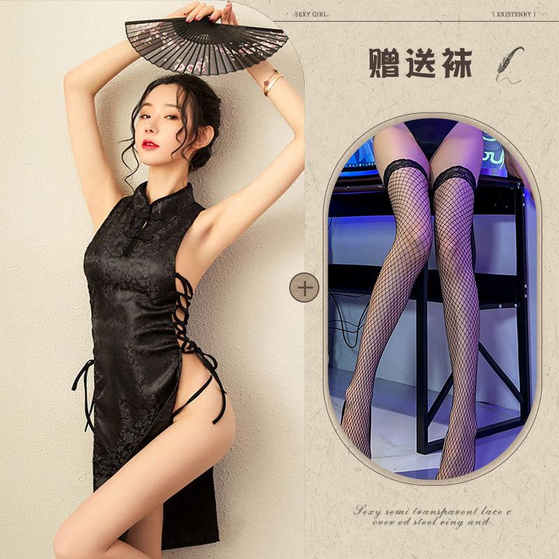 Sexy sex straps uniform temptation jacquard satin retro cheongsam unglazed brick saffron tea Shenzhou research