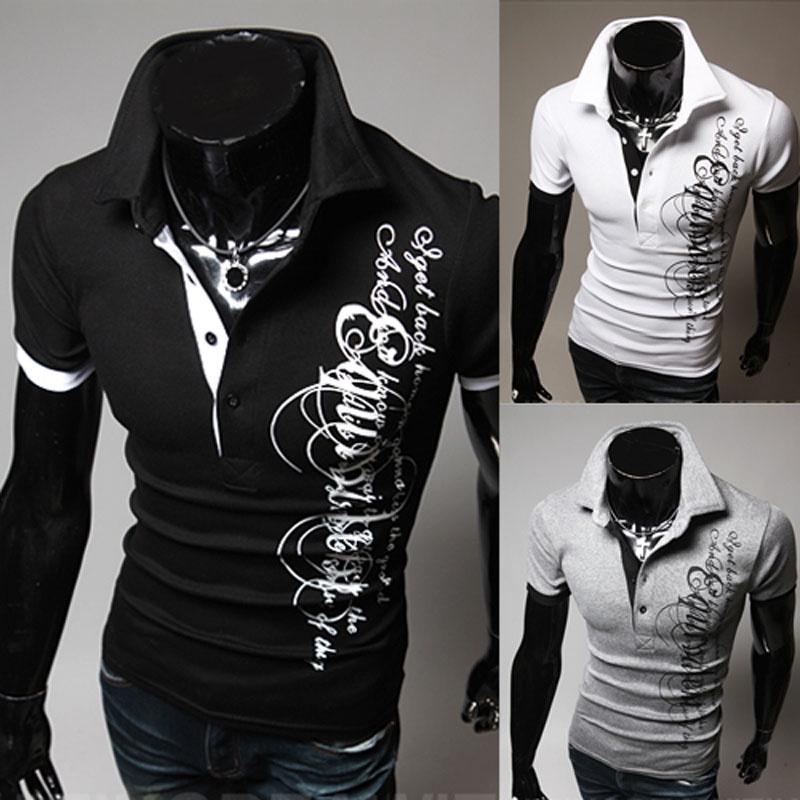 Elegant Men's Fashion Lapel Short Sleeve Blouse Casual Letters Print T-shirt