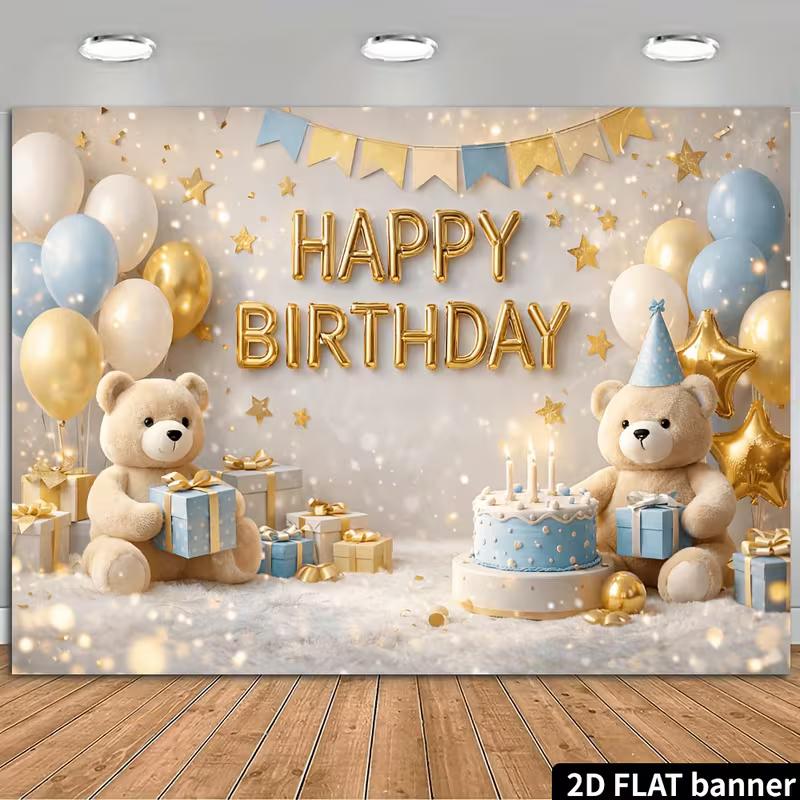 2D Baby Shower Teddy Bear Birthday Backdrop Blue & Gold Photography Prop