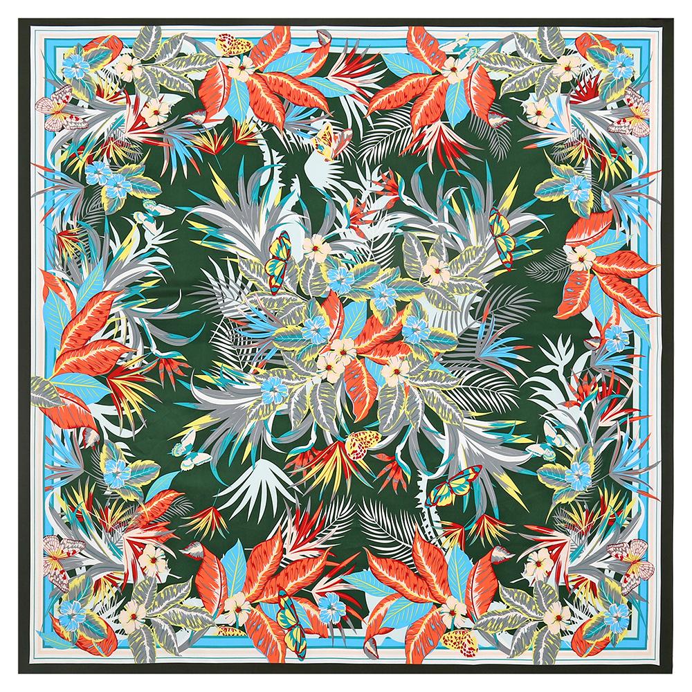 POBING Silk Scarf Women Large Shawls Floral Plant Print Stoles Square Bandana Luxury Kerchief Hijab Scarf Female Foulards 130CM