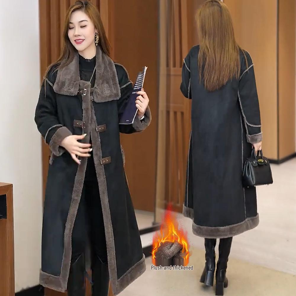 

Женская зимняя замшевая куртка оверсайз с мехом до колена на флисовой подкладке 2024 L [130-160 cm]