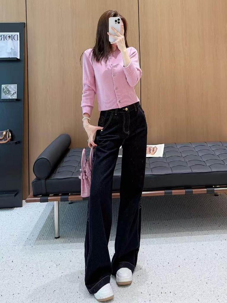 Women's Dark Blue Patchwork Embroidered Wide-Leg Jeans - Versatile, Slimming, Temperament Style.