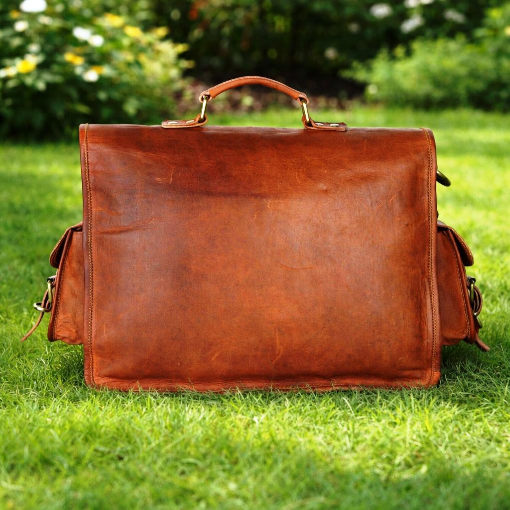 New Genuine Brown Goat Leather Men's Handmade Satchel Office Laptop Business Bag