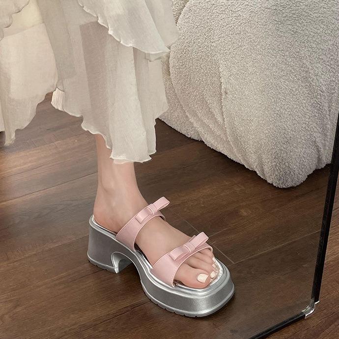Fashion temperament bow platform slippers women's summer wear silver sandals