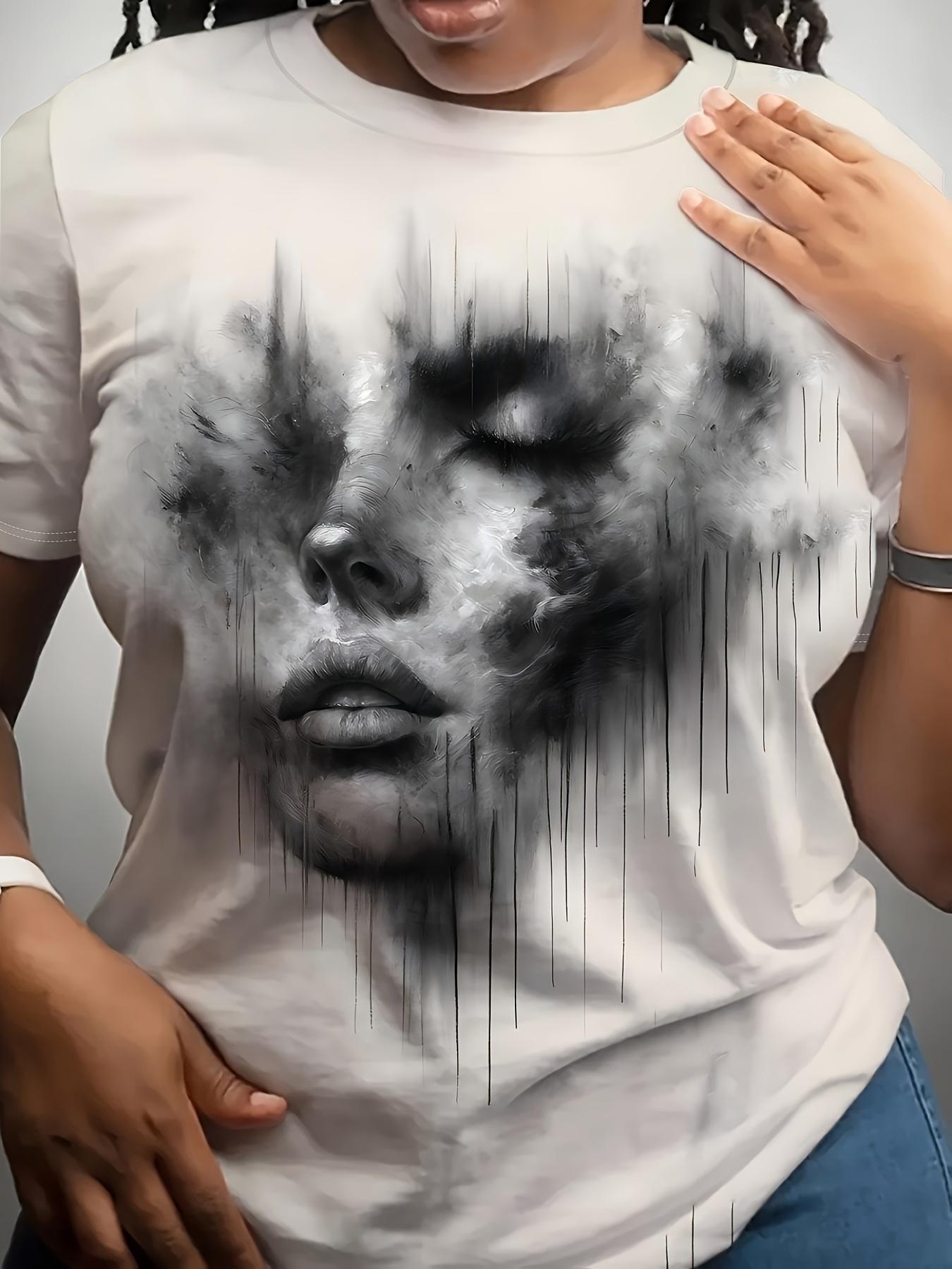 

Exclusive for Plus-Size Women! Short-Sleeved T-Shirt with Artistic Ink-Style Face Print. Cool And Stylish. Eye-Catching. High-End Feel. Fashionable. C 3XL дубильна кора