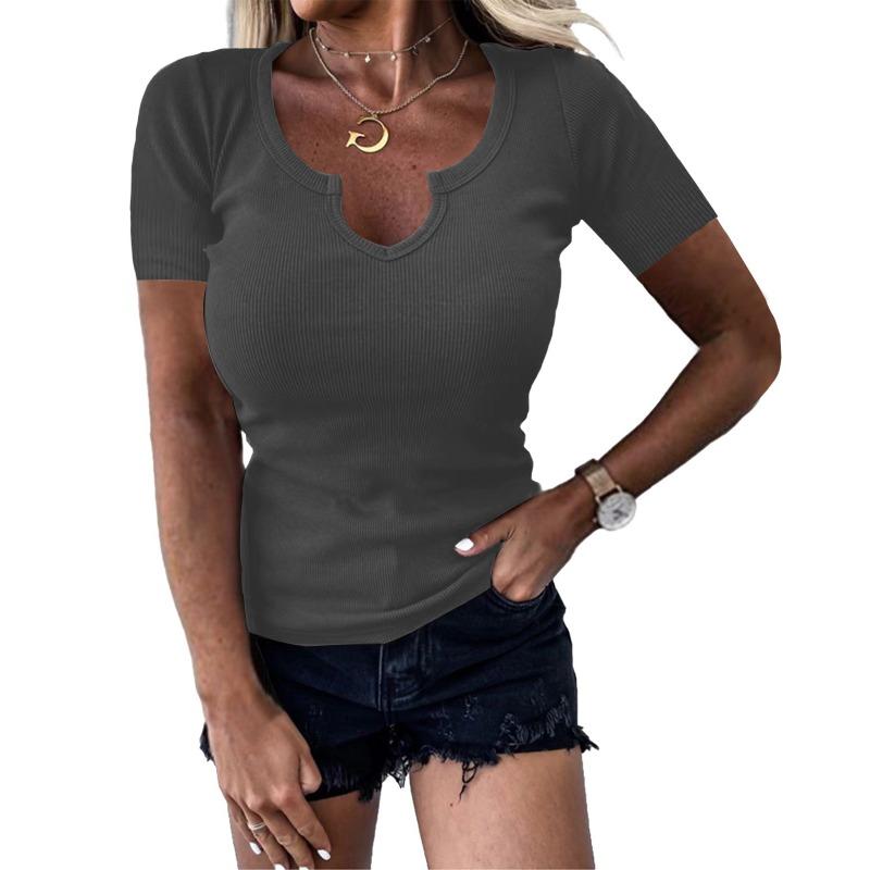 Spring and Summer Solid Color Pit Stripe Deep U-neck Top Short Sleeved Sexy Casual Fashion Women's T-shirts